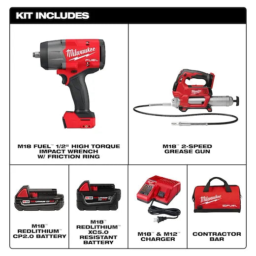 Llave de Impacto Alto Torque 1/2" Milwaukee M18 FUEL + Engrasadora Inalambrica M18 KIT